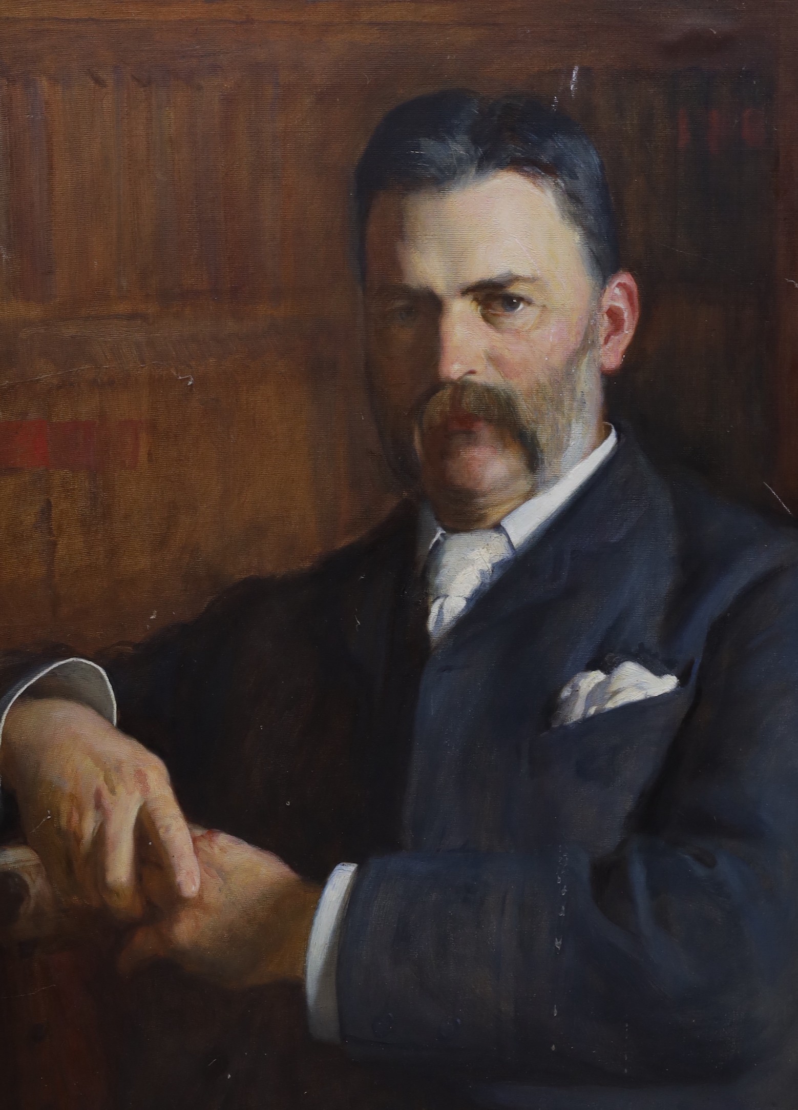 Frederick Samuel Beaumont, R.I. (b.1861, exh.1884-1922), a pair of oils on canvas, portrait of Ellen Margaret Hall (1848-1944), unsigned, 83 x 62cm, together with a portrait of Francis Muir (1839-1912), unsigned, 83 x 61